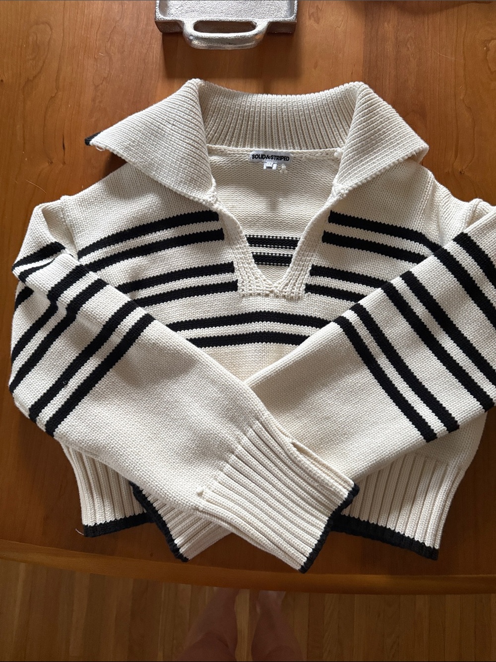 SOLID & STRIPED Cream and Black V-Neck Polo Sweater
